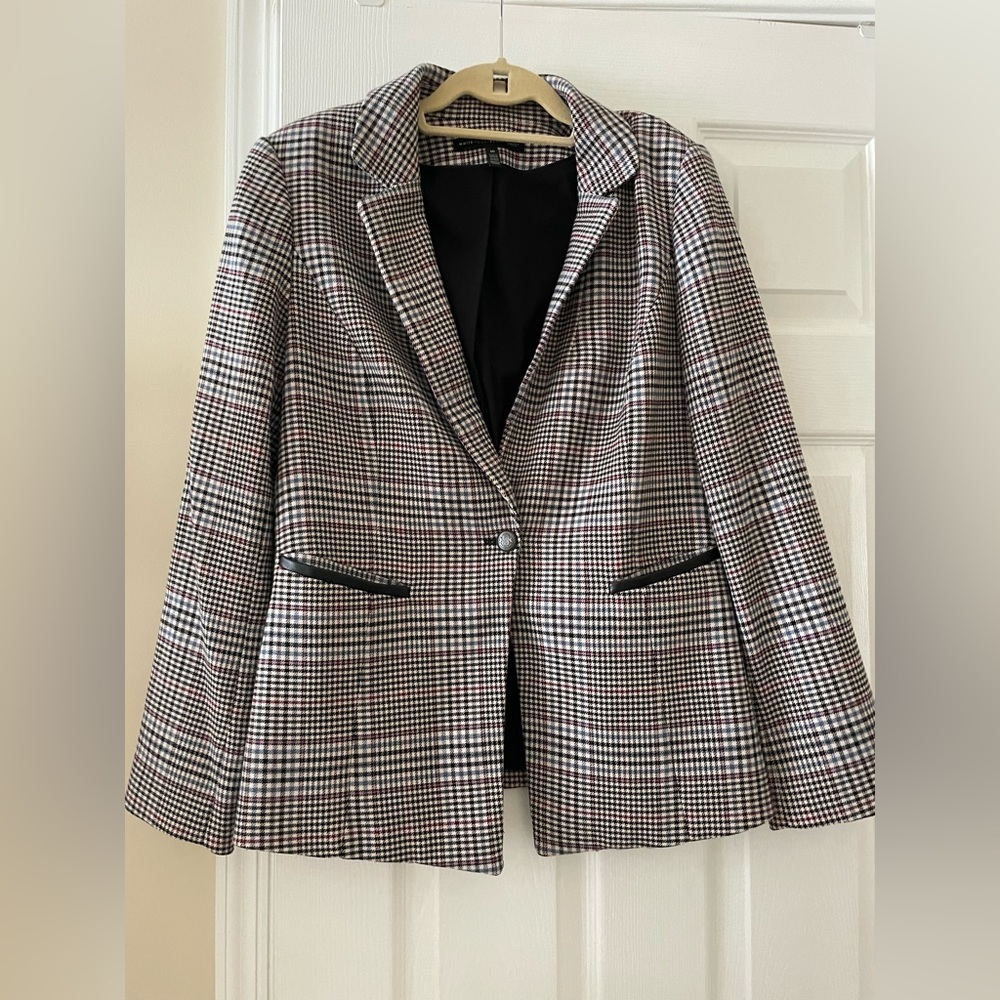 WHBM Plaid Blazer Jacket Faux Leather Trim